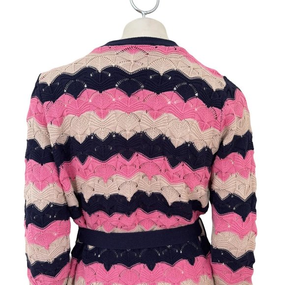 LAURIE FELT Pointelle Knit Belted Duster Cardigan  Navy Pink Beige SZ MP - Picture 8 of 13